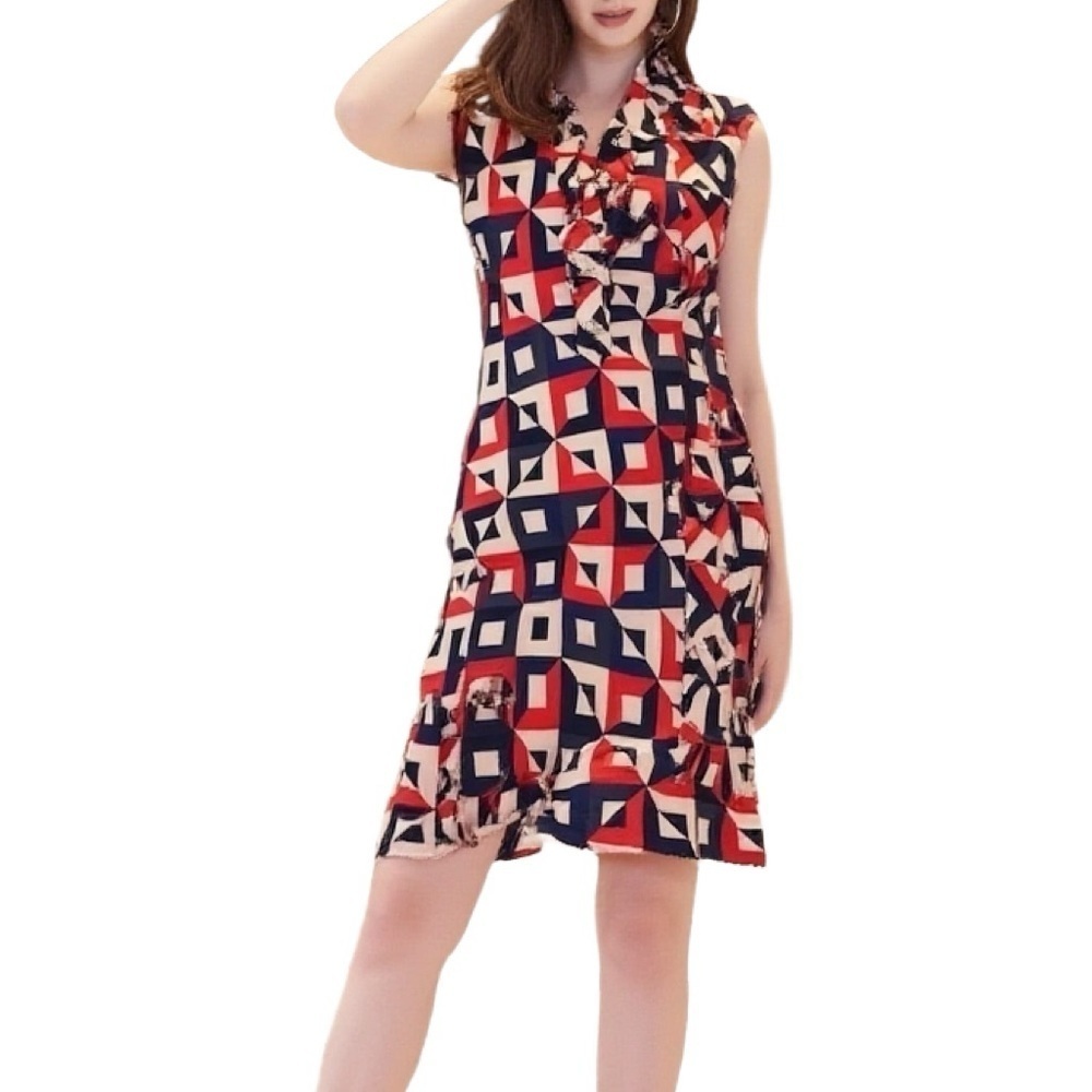 Shoshanna Silk Red, White and Blue Abstract Diamond Pattern Dress Size 2